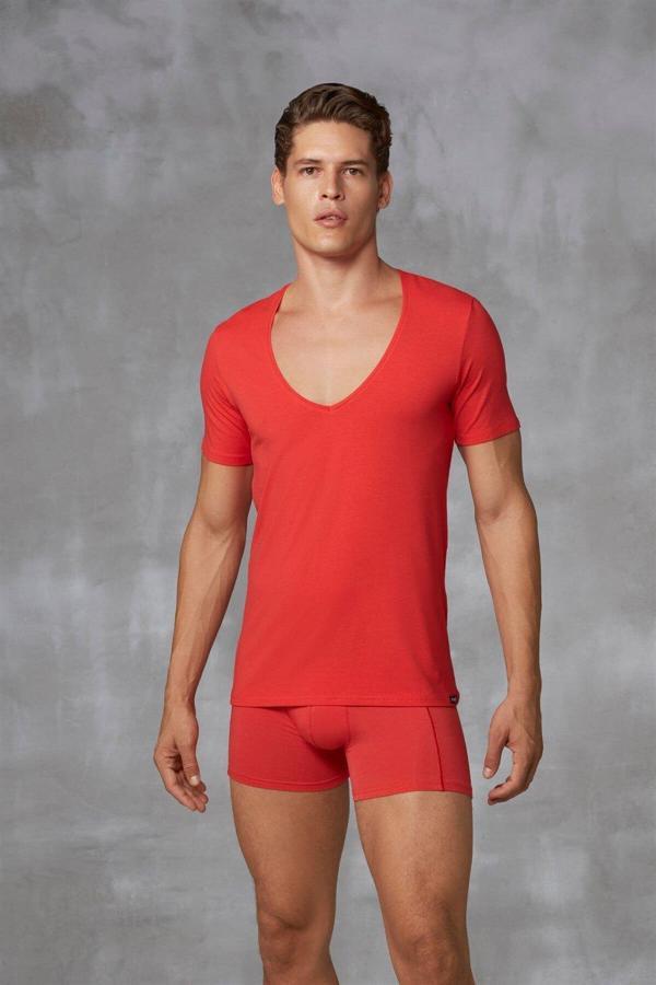 Doreanse Erkek Modal Derin V Yaka Kısa Kol T Shirt 2820 Kırmızı - Image 1
