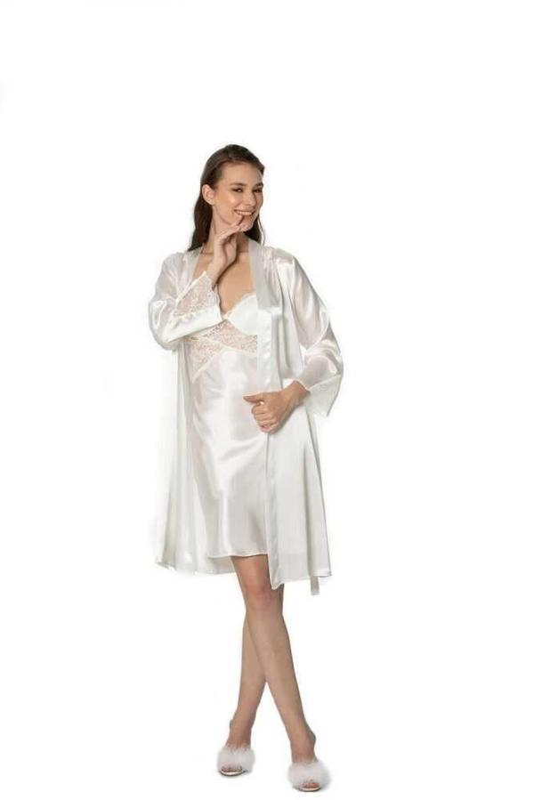 Pierre Cardin Sütyen Kaplı Sabahlık Gecelik Set 4050 Ekru - Image 1