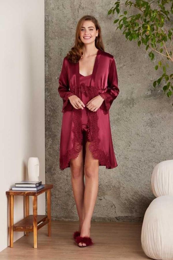 Pierre Cardin Kadın 4'lü Bordo Saten Takım Gelin Çeyiz Seti 7045 - Image 1