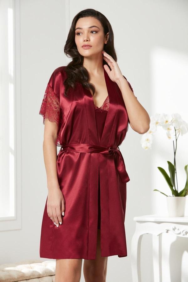 Pierre Cardin Bordo Saten Dantelli Gecelik Sabahlık Takım 4438 - Image 1