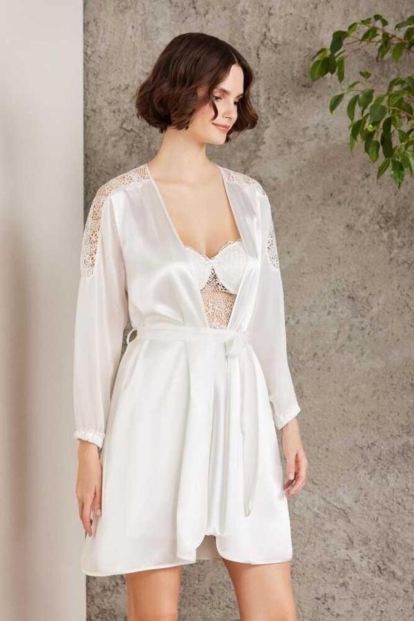 Pierre Cardin Saten Gecelik Sabahlık Pijama Şort 6'lı Gelin Çeyiz Seti Ekru 6005 - Image 1