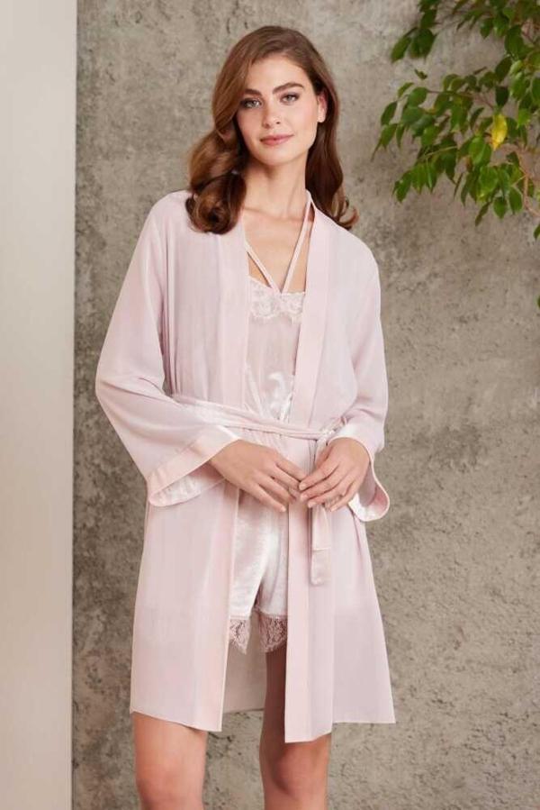 Pierre Cardin Dantelli Kadife Tulum Sabahlık Takım 4800 Pudra - Image 1