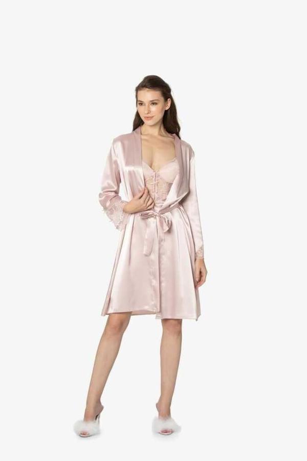 Pierre Cardin 2li Pudra Saten Kısa Gecelik Sabahlık 4300  - Image 1
