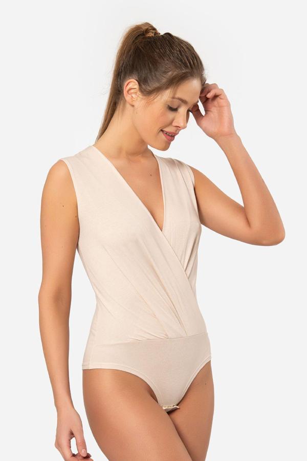 Türen Kruvaze Yaka Kolsuz Çıtçıtlı Body 3502/Bej - Image 1