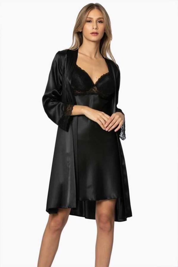 Pierre Cardin Sütyen Kaplı Siyah Sabahlık Gecelik Set 4285 - Image 1