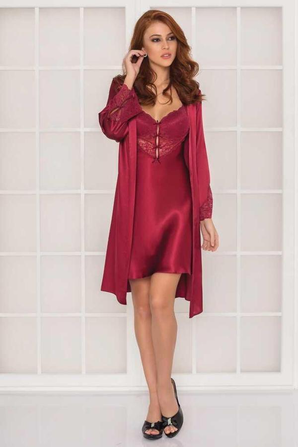 Pierre Cardin 2li Bordo Saten Kısa Gecelik Sabahlık 4300 - Image 1