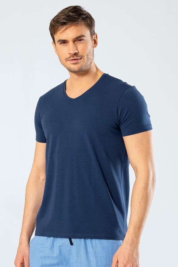 Cacharel Erkek V Yaka Likralı T-shirt 1332/İndigo - Image 1