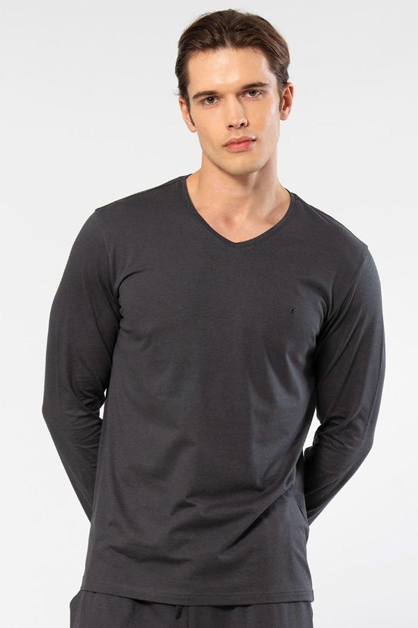 Cacharel Erkek Modal Pamuk V Yaka T-shirt 2243/Antrasit - Image 1