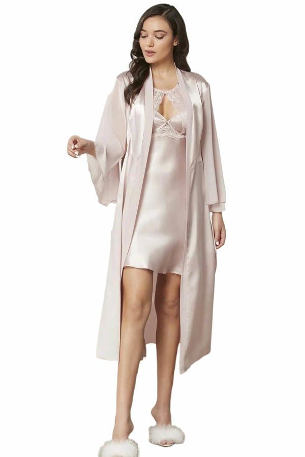 Pierre Cardin Saten Dantelli Gecelik ve Sabahlık Takımı 4375 Pudra - Image 1