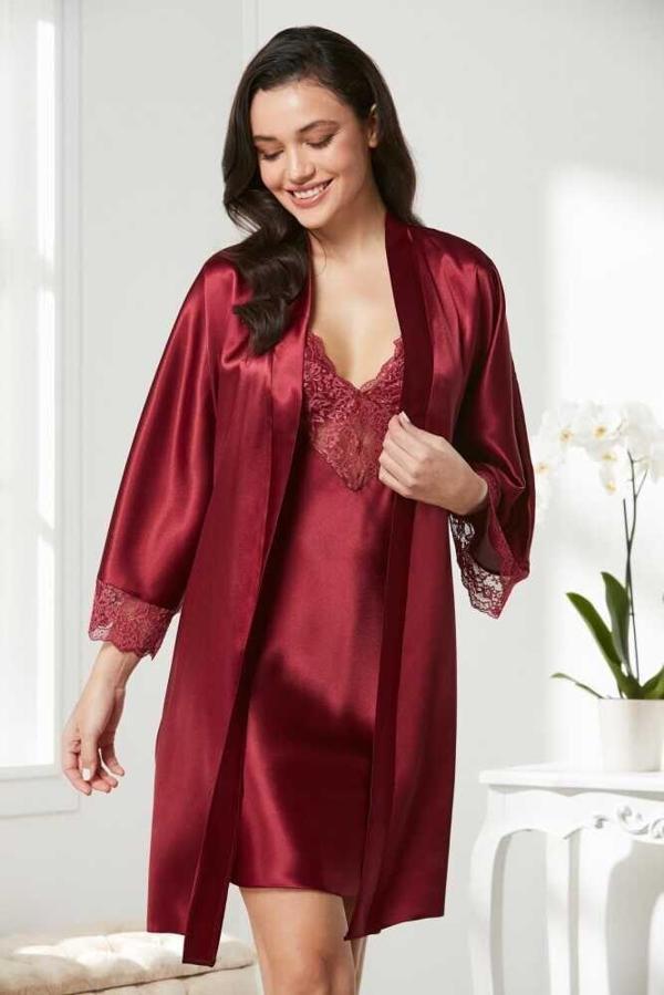 Pierre Cardin Saten Dantelli Gecelik Sabahlık Takım 4280 Bordo - Image 1