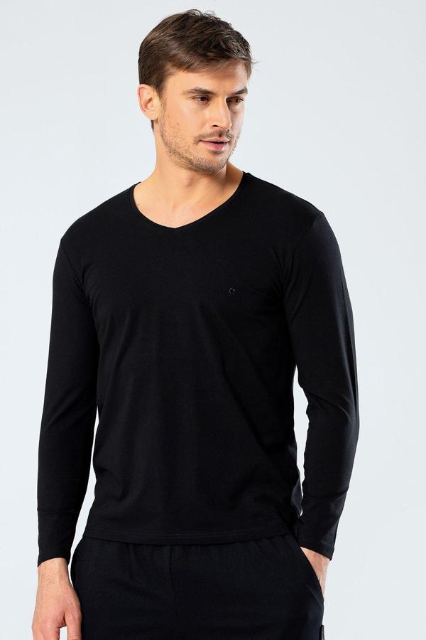 Cacharel Erkek V Yaka Uzun Kollu T-Shirt 1334/Siyah - Image 1