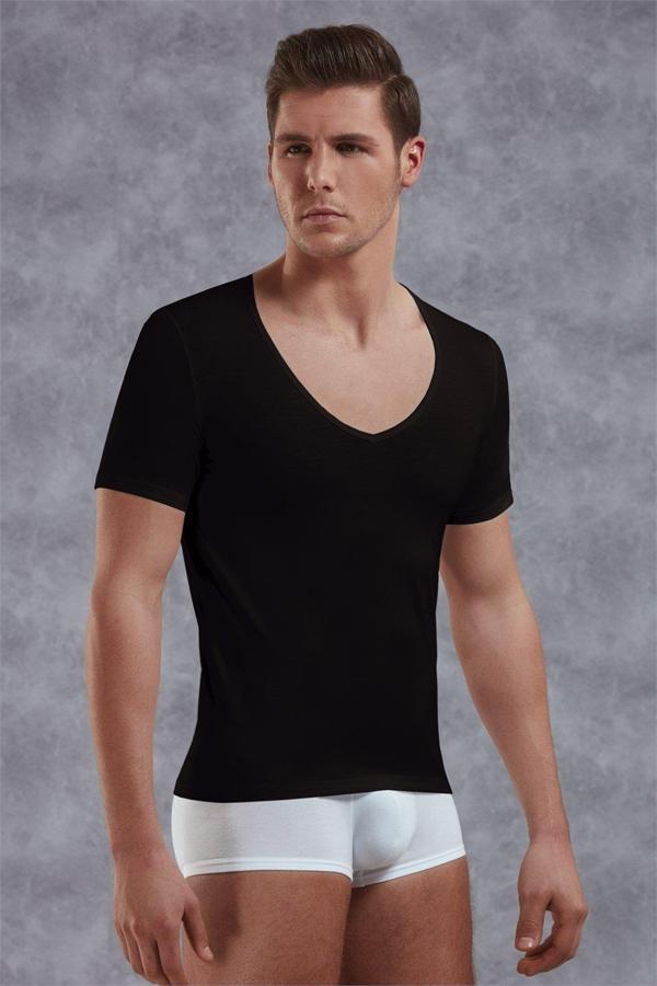 Doreanse Erkek Modal Derin V Yaka Kısa Kol T Shirt 2820 Siyah - Image 1