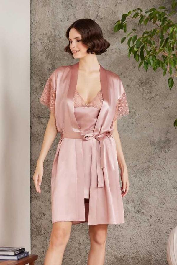 Pierre Cardin Saten Dantelli Gecelik Sabahlık Takım 4438 brndy - Image 1