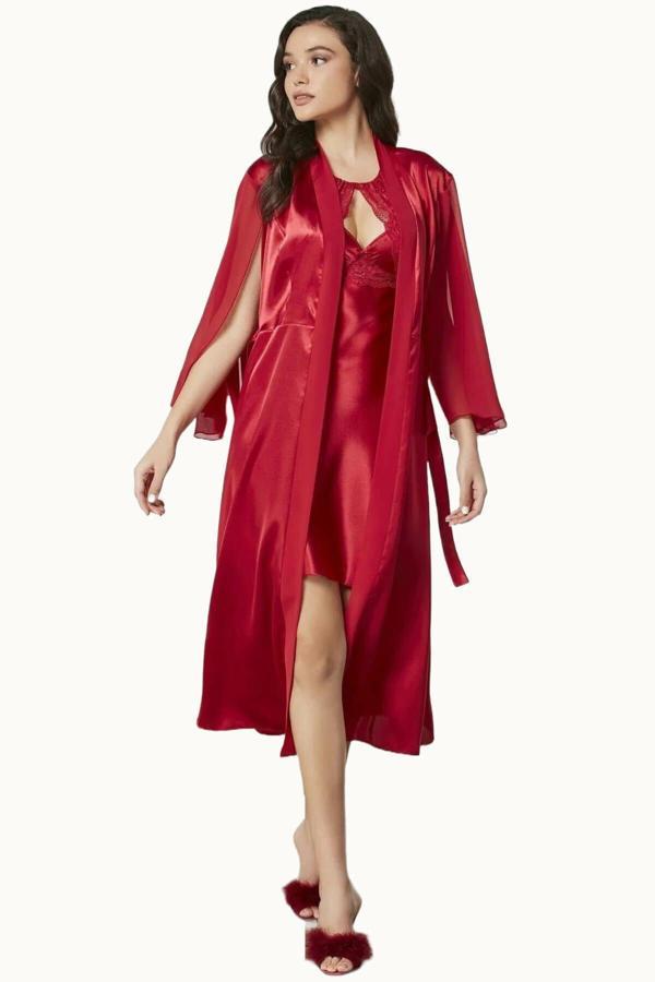 Pierre Cardin Saten Dantelli Gecelik ve Sabahlık Takımı 4375 Kırmızı - Image 1