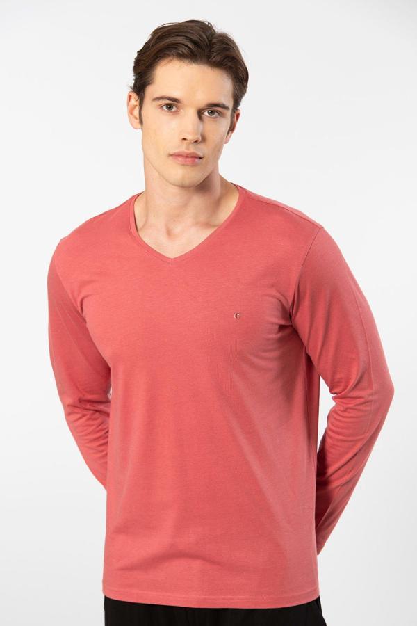 Cacharel Erkek Modal Pamuk V Yaka T-shirt 2243/Mercan - Image 1