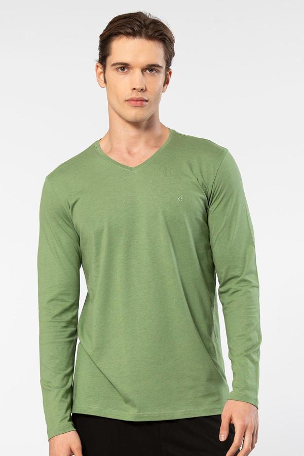 Cacharel Erkek Modal Pamuk V Yaka T-shirt 2243/Yeşil - Image 1