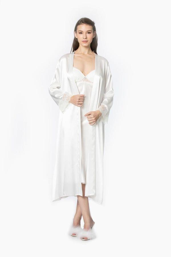 Pierre Cardin Ekru Uzun Saten Sabahlık Gecelik Set 4370  - Image 1