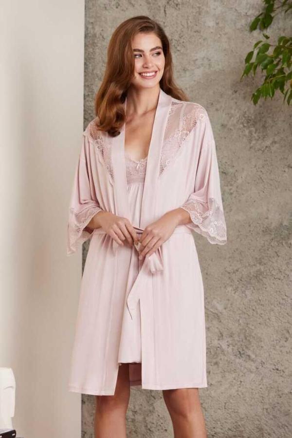 Pierre Cardin Penye Dantelli Gecelik Sabahlık Takım 4010 Pudra - Image 1