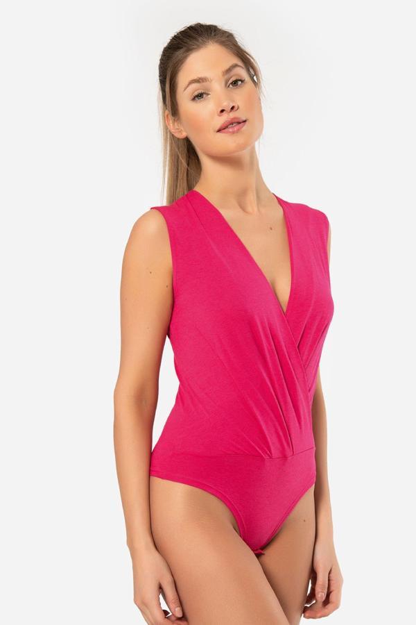 Türen Kruvaze Yaka Kolsuz Çıtçıtlı Body 3502/Fuşya - Image 1