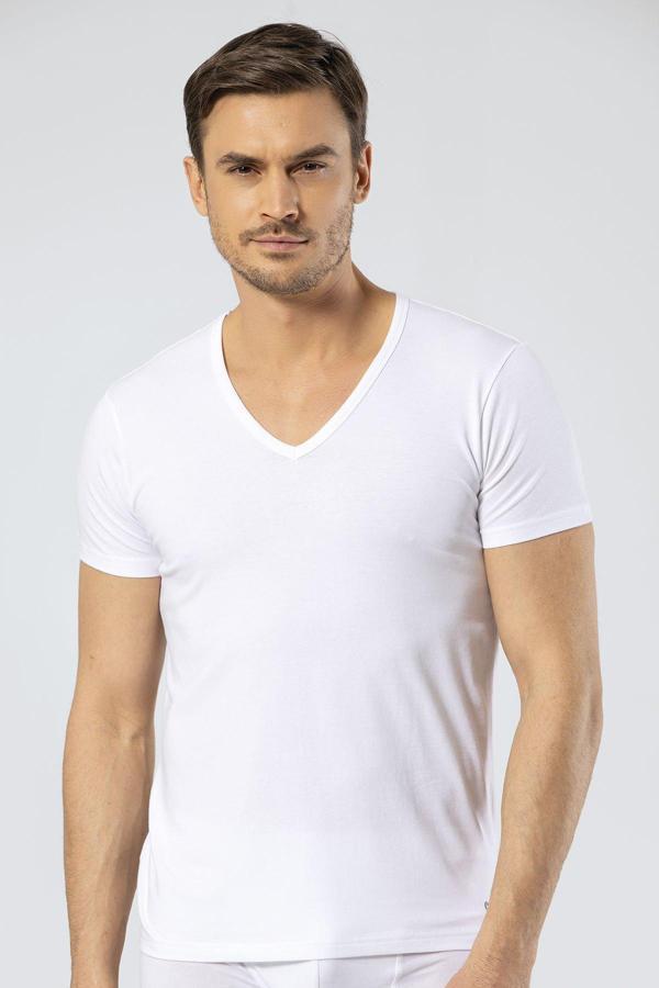Cacharel Erkek Derin V Yaka Likralı T-shirt 1306/Beyaz - Image 1