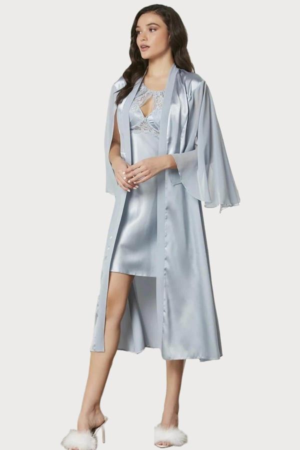 Pierre Cardin Saten Dantelli Gecelik ve Sabahlık Takımı 4375 Mist - Image 1