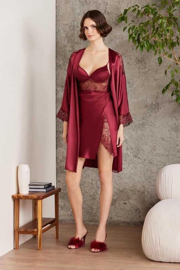 Pierre Cardin Saten Gecelik Sabahlık Pijama Şort Takım 6'lı Gelin Seti 6000 BORDO - Image 1