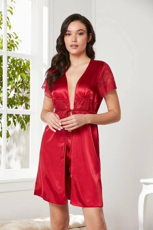 Pierre Cardin Saten Dantelli Midi Sabahlık 1020 Kırmızı - Image 1