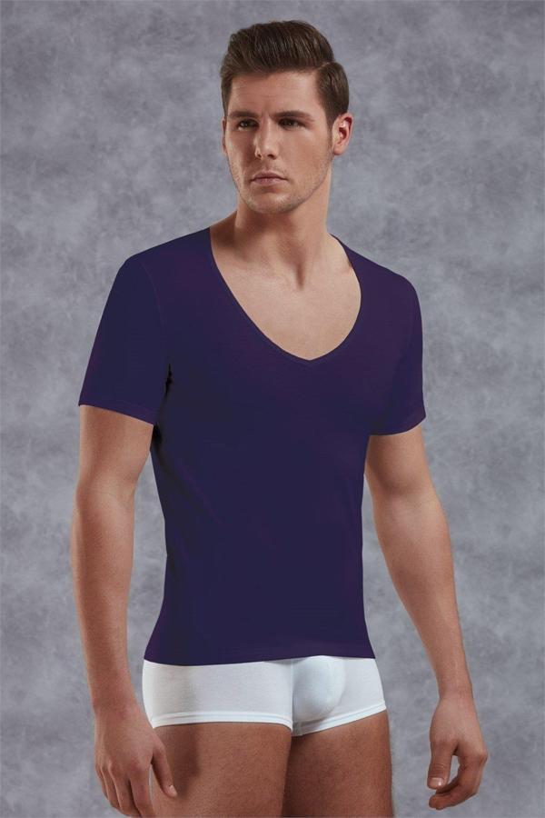 Doreanse Erkek Modal Derin V Yaka Kısa Kol T Shirt 2820 Mor - Image 1