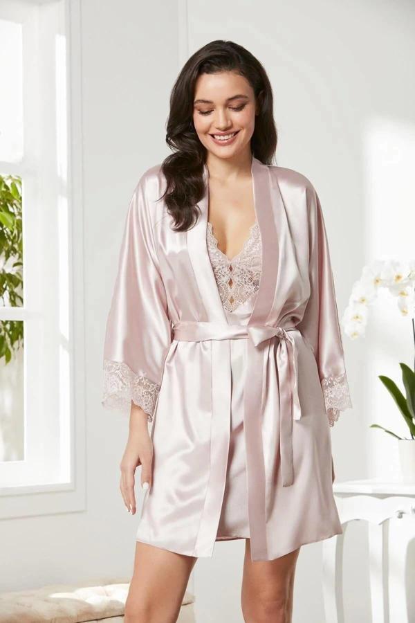 Pierre Cardin Saten Dantelli Gecelik Sabahlık Takım 4280 Pudra - Image 1