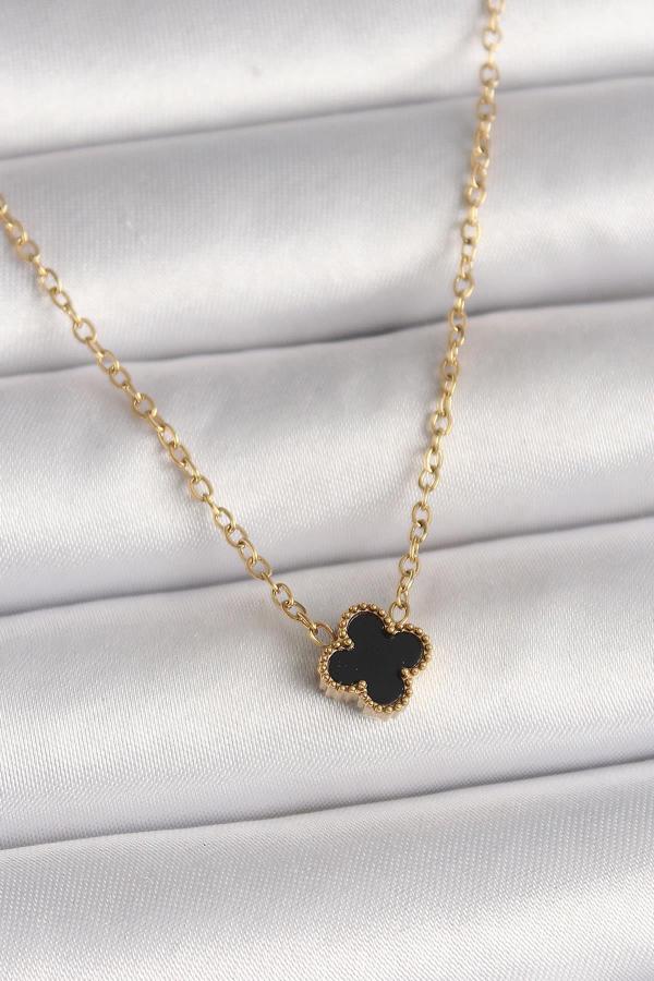 Celira 316L Çelik Gold Renk Siyah Yonca Model Kadın Kolye NS1706 - Image 1