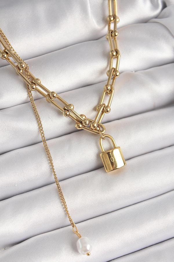 Celira 316L Çelik Gold Renk Tifany Zincir Model Kilit Figür Sallantı İnci Detay Kadın Kolye NS1940 - Image 1