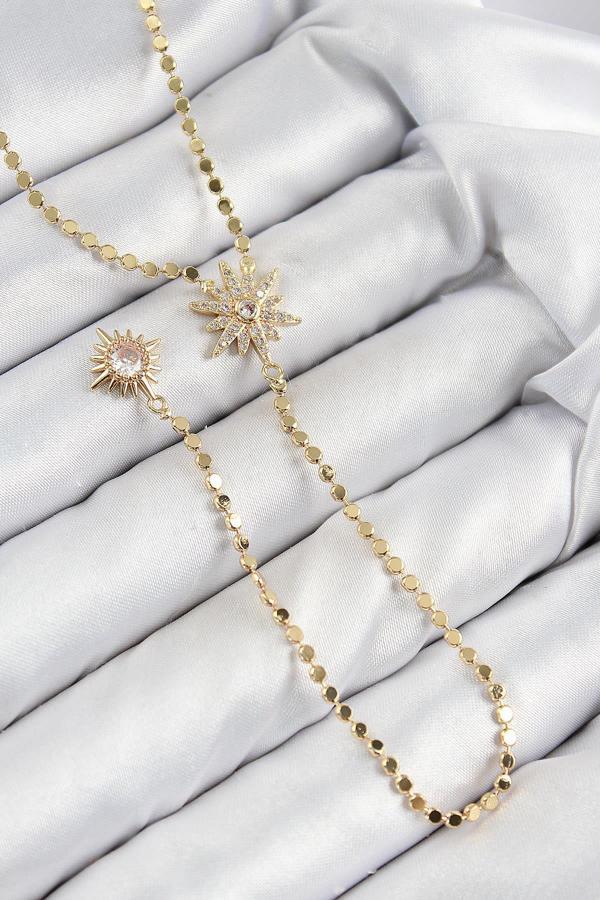 Celira Pirinç Zirkon Taşlı Ezme Zincirli Kutup Yıldızı Model Gold Renk Y Kolye NS0380 - Image 1