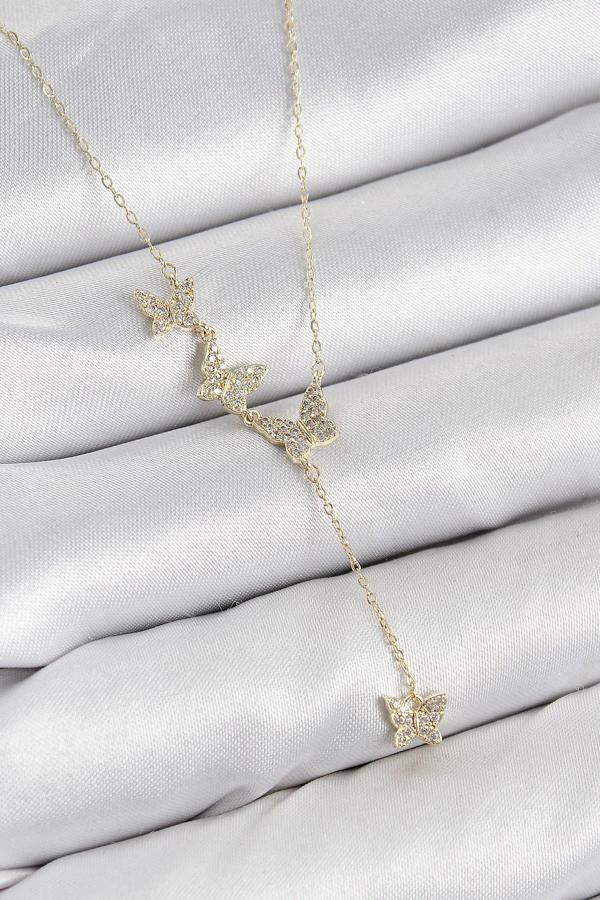 Celira Pirinç Zirkon Taşlı Kelebek Model Gold Renk Kadın Kolye NS0416 - Image 1