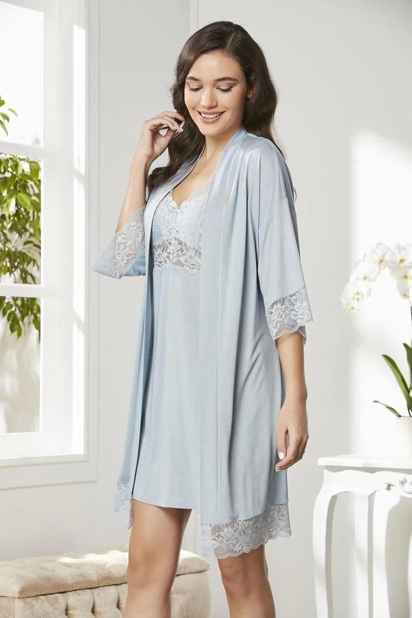 Pierre Cardin Penye Dantelli Gecelik Sabahlık Takım 4020 Mist - Image 1