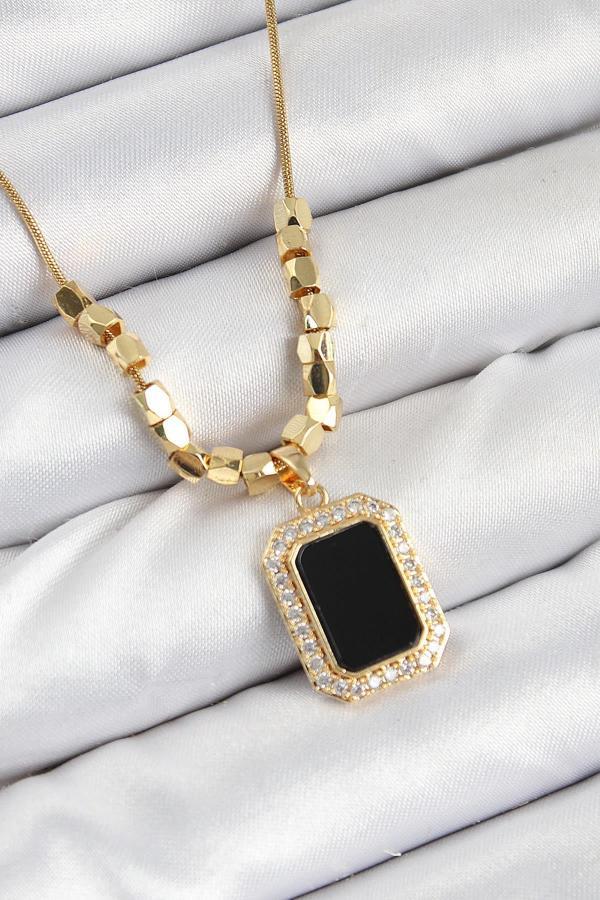 Celira 316L Çelik Zirkon Taşlı Siyah Baget Model Gold Renk Kadın Kolye NS0136 - Image 1
