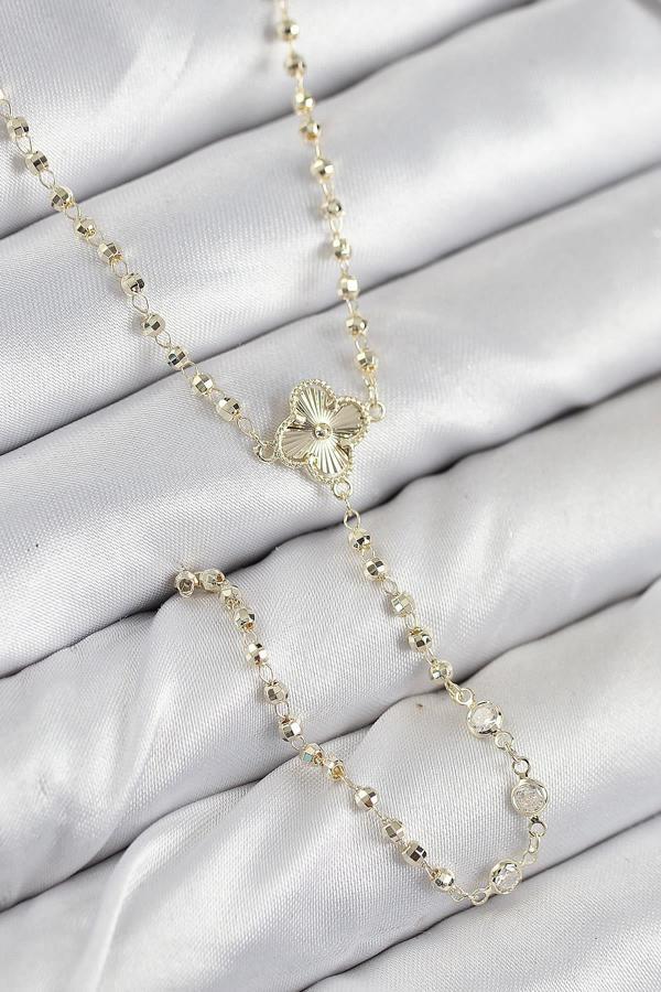 Celira Pirinç Zirkon Taşlı Yonca Model Gold Renk Kadın Y Kolye NS0023 - Image 1