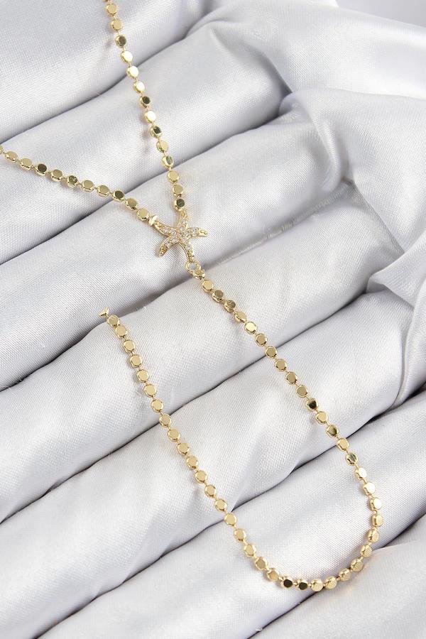 Celira Pirinç Zirkon Taşlı Ezme Zincirli Deniz Yıldızı Model Gold Renk Y Kolye NS0378 - Image 1