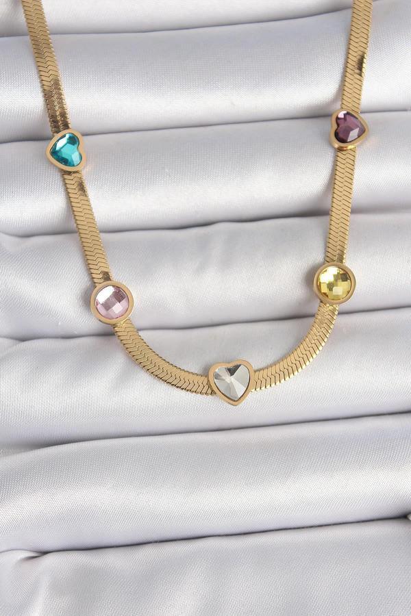 Celira 316L Çelik Gold Renk İtalyan Zincir Renkli Zirkon Taşlı Kalp Figür Kadın Kolye NS1632 - Image 1