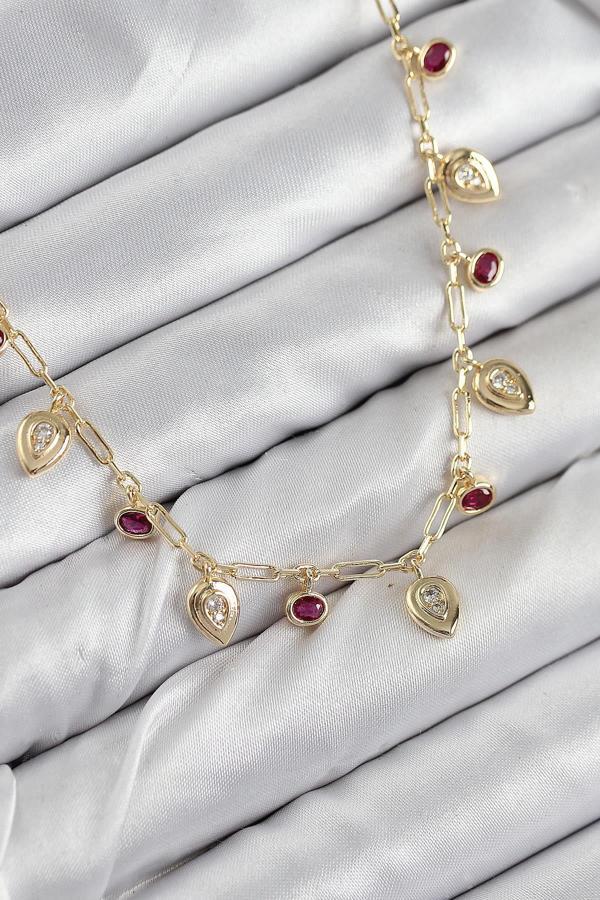 Celira Pirinç Zirkon Taşlı Sallantılı Damla Model Gold Renk Kadın Kolye NS0019 - Image 1