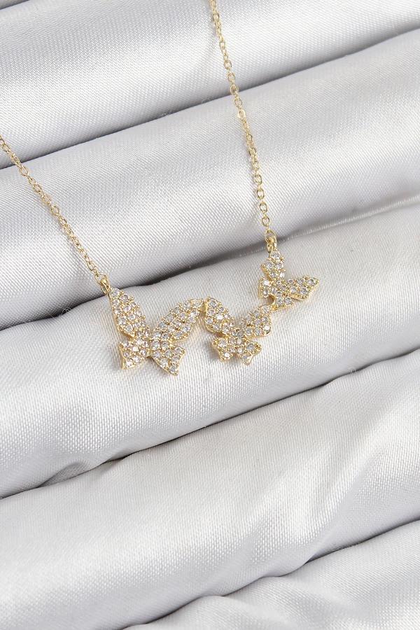 Celira Pirinç Zirkon Taşlı Kelebek Model Gold Renk Kadın Kolye NS0425 - Image 1