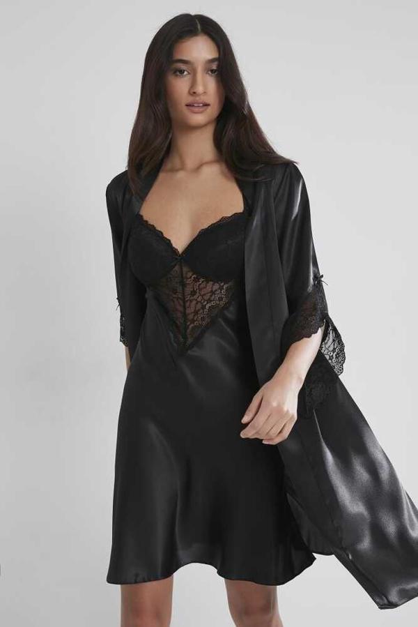 Pierre Cardin Midi Dantel Sabahlık Gecelik Set 4240 Siyah - Image 1