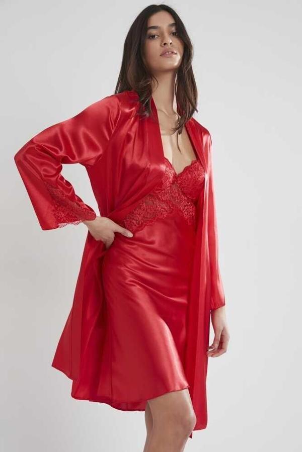 Pierre Cardin Sütyen Kaplı Sabahlık Gecelik Set 4050 Kırmızı - Image 1