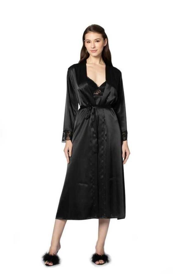 Pierre Cardin Siyah Uzun Saten Sabahlık Gecelik Set 4370 - Image 1