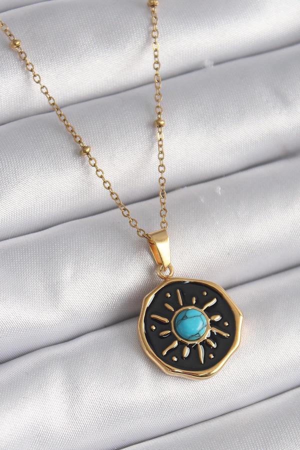 Celira 316L Çelik Gold Renk Mavi Boncuk Güneş İşleme Madalyon Model Kadın Kolye NS2810 - Image 1