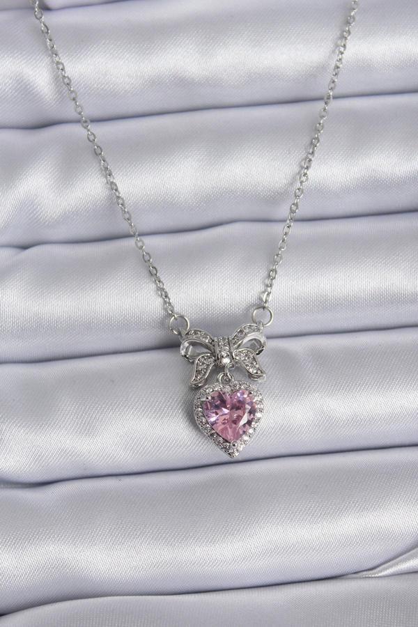 Celira 316L Çelik Gümüş Renk Zincir Pembe Kristal Kalp Zirkon Taşlı Kurdele Model Kadın Kolye NS4552 - Image 1