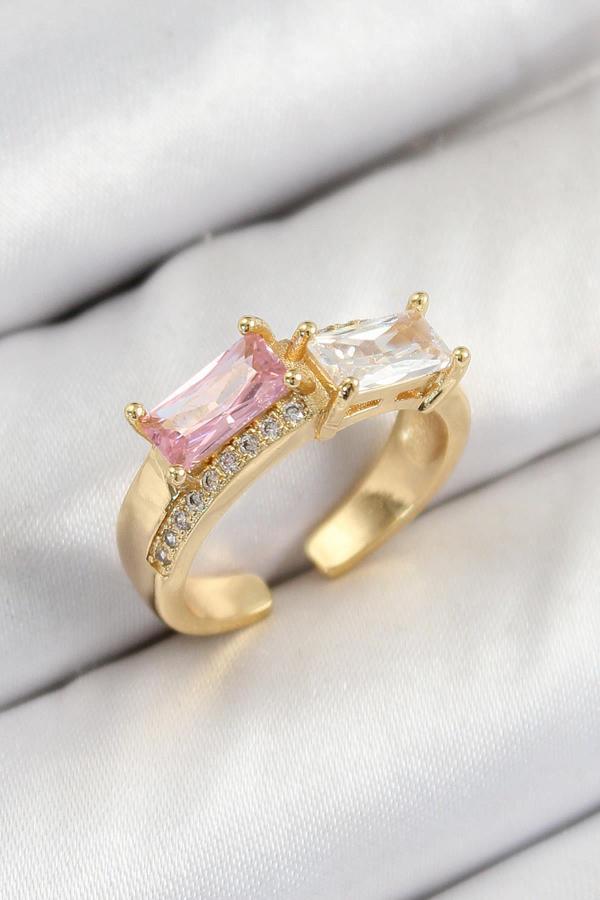 Celira Pirinç Zirkon Taşlı Dikdörtgen Model Gold Renk Kadın Yüzük NS0730 - Image 1