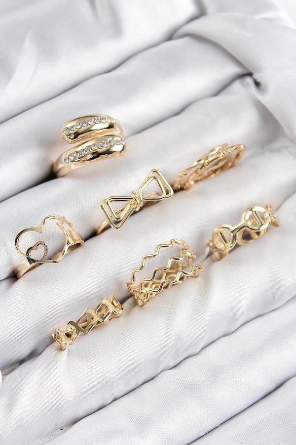 Celira Pirinç Zirkon Taşlı Fiyonk Ve Kalp Model Gold Renk Kadın Yüzük Kombin Set NS0273 - Image 1