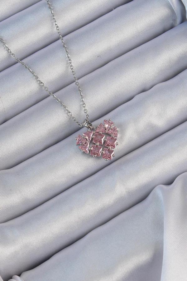 Celira 316L Çelik Zincir Gümüş Renk Pembe Parçalı Zirkon Taşlı Kalp Kolye NS3307 - Image 1