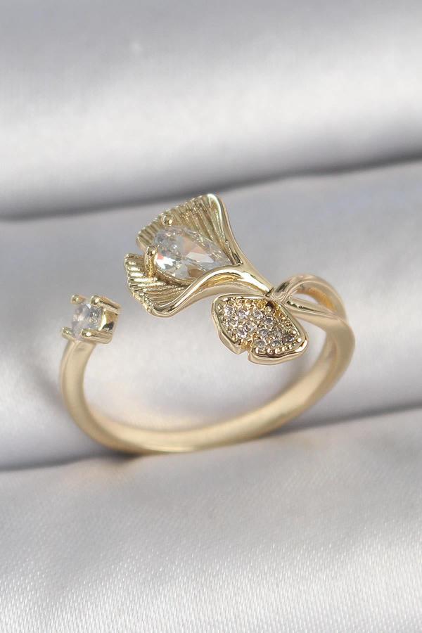 Celira Pirinç Gold Renk Zirkon Taşlı Deniz Kabuğu Model Ayarlanabilir Kadın Yüzük NS1602 - Image 1