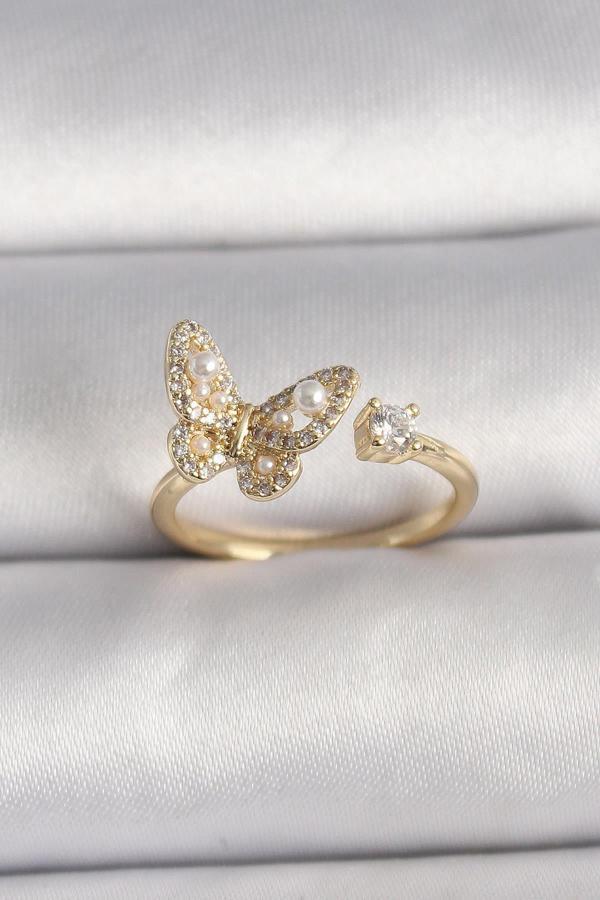 Celira Pirinç Gold Renk Zirkon Taşlı Kelebek Model İnci Detay Ayarlanabilir Yüzük NS2595 - Image 1